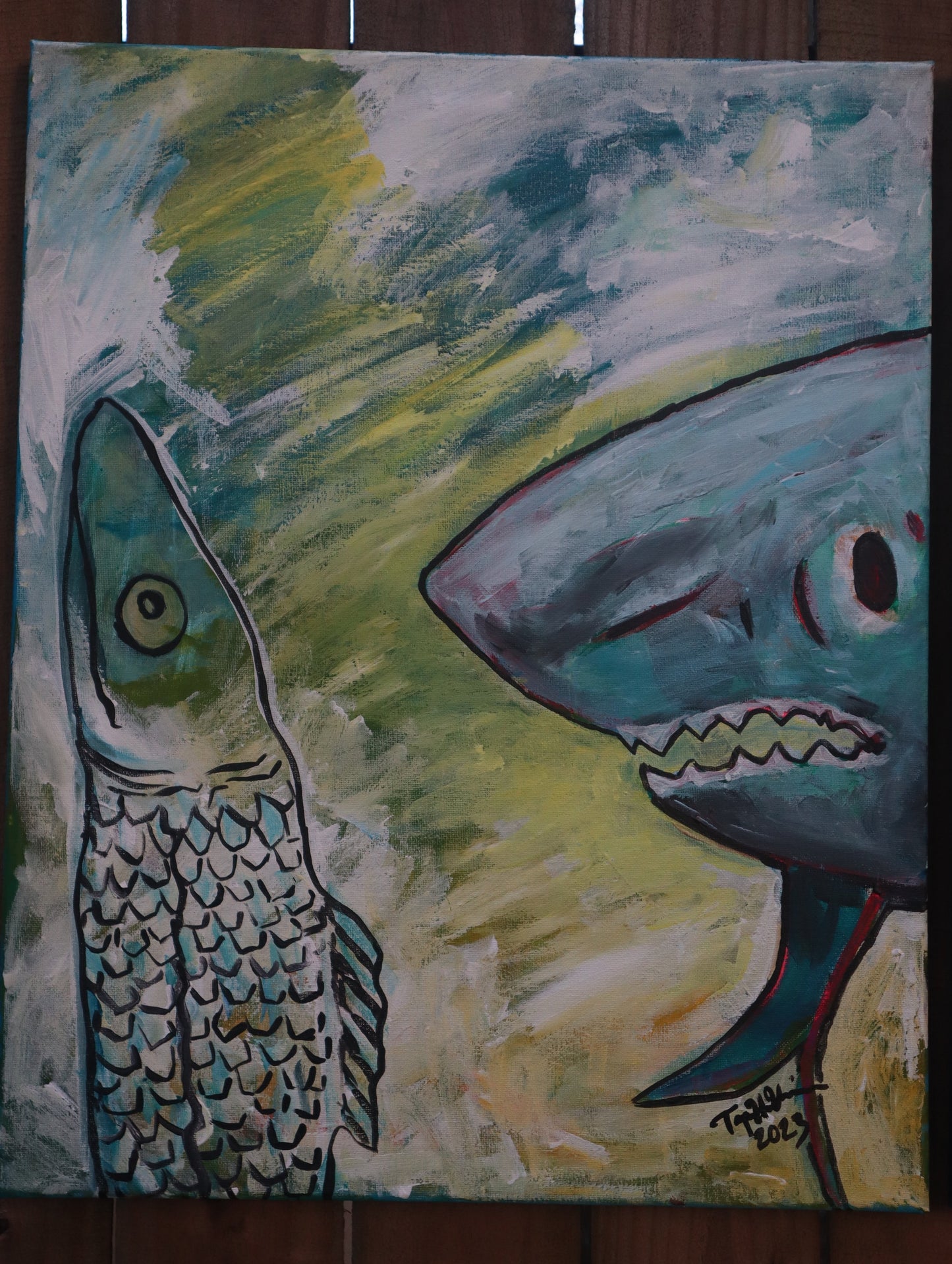 A shark meets pike on cartoon like painting